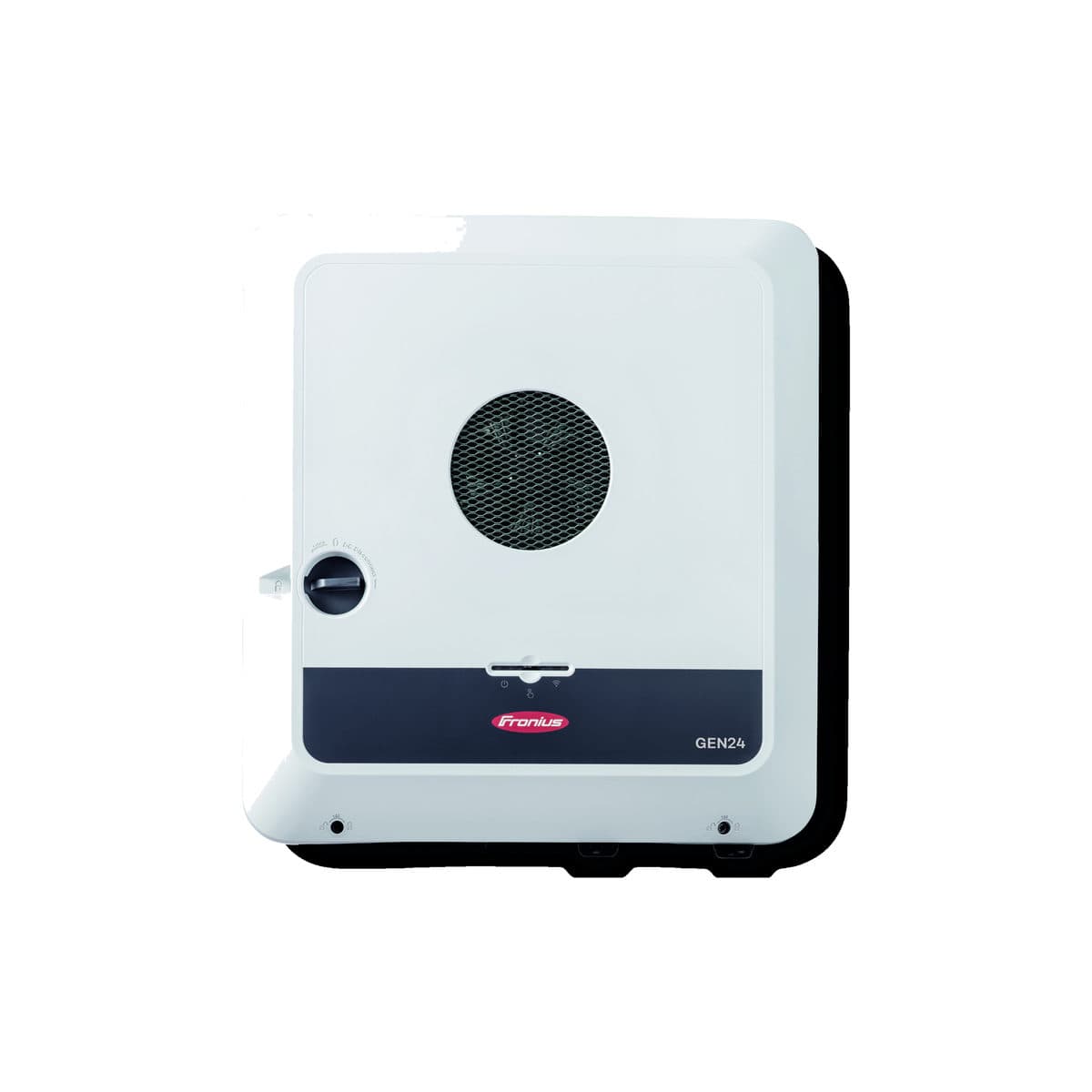 Onduleur Fronius Symo GEN24 Plus vu de face en légère perspective : capot blanc, grille de ventilation circulaire et sectionneur DC rotatif.