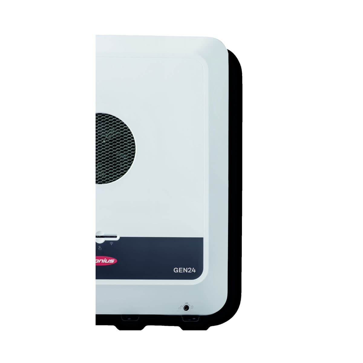 Onduleur Fronius Symo GEN24 Plus vu de trois quarts, montrant l’épaisseur du boîtier et son flanc arrière.