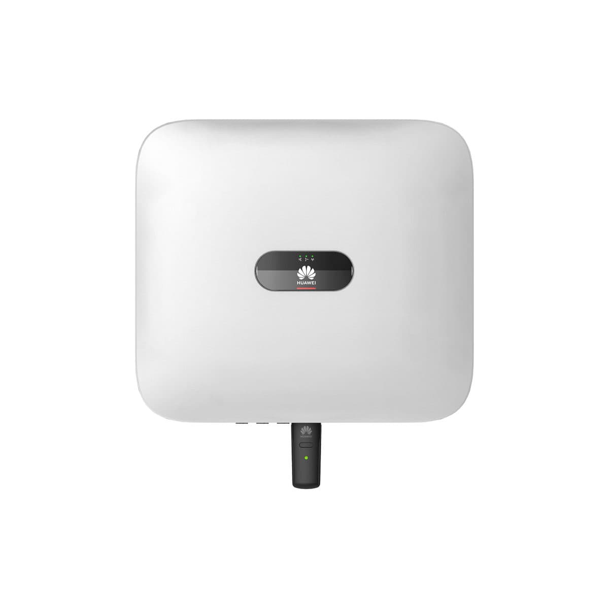Onduleur Huawei SUN2000-10KTL-M1 de face, boîtier blanc à façade lisse, bandeau de voyants noir au logo Huawei et sectionneur en partie basse.