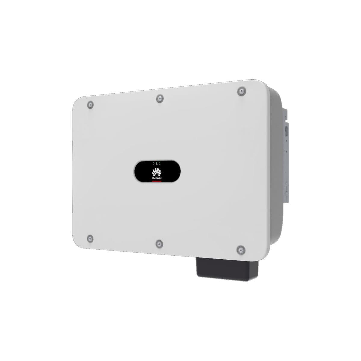 Onduleur Huawei SUN2000-36KTL-M3 vu de trois quarts : grand boîtier blanc à angles vissés, logo Huawei au centre et bloc de raccordement en partie basse.