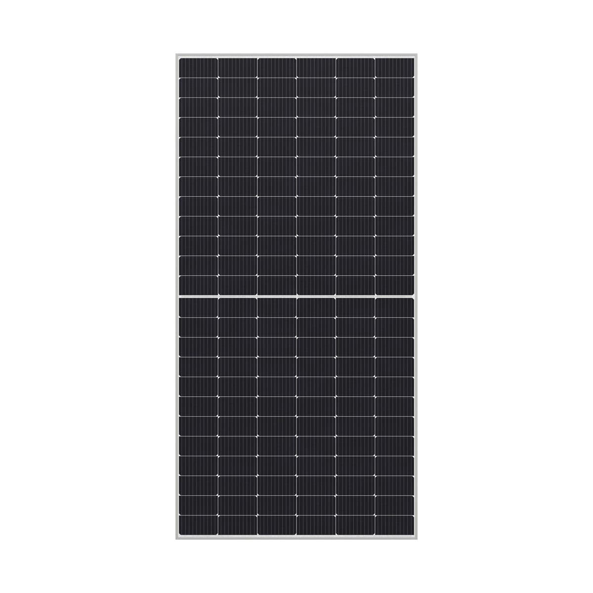 Panneau Sharp NU-JD540 vu de face, cellules noires coupées en demi-format et cadre aluminium clair.