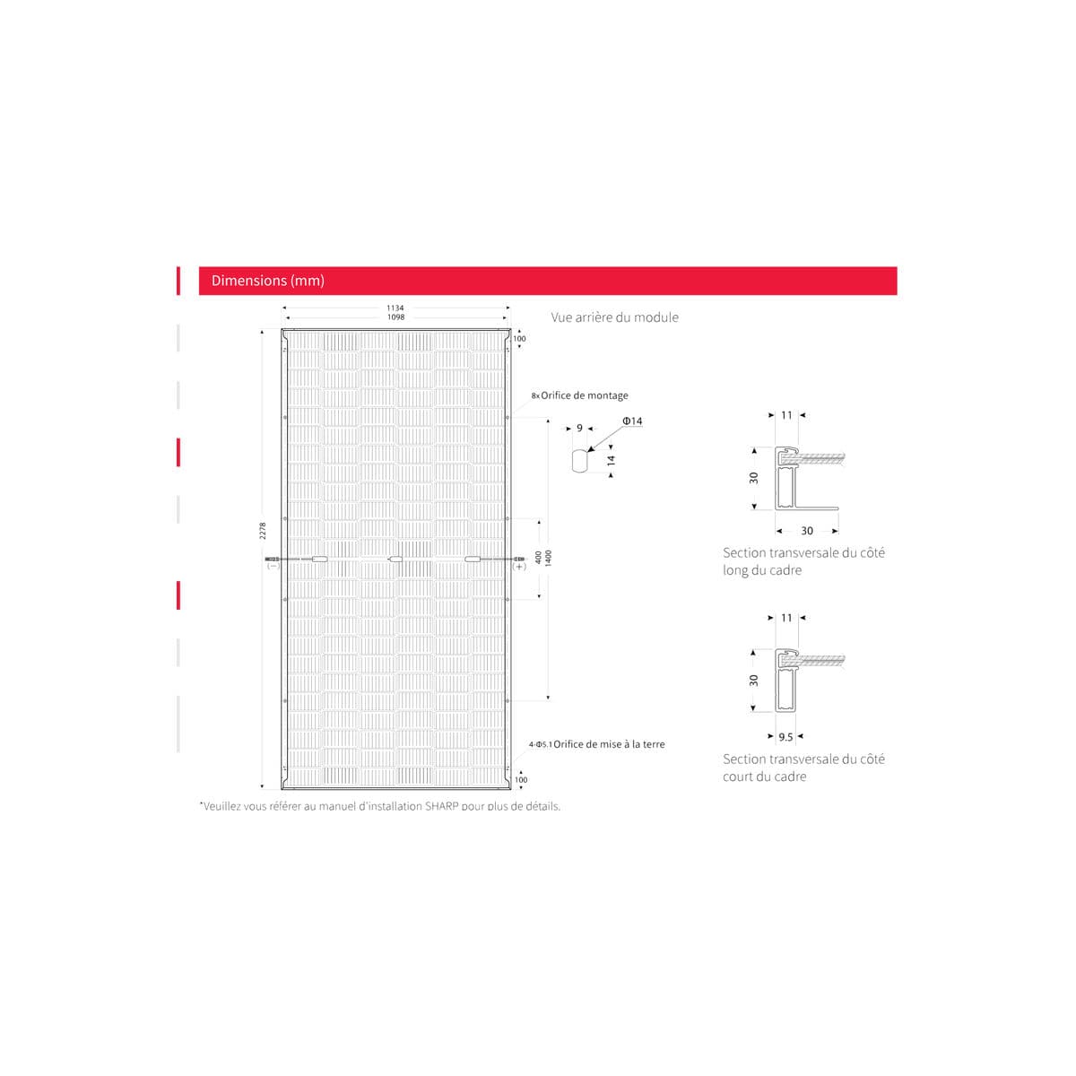 Plan coté du module Sharp NB-JD545/550 bifacial : vue arrière du module et deux sections transversales du cadre.