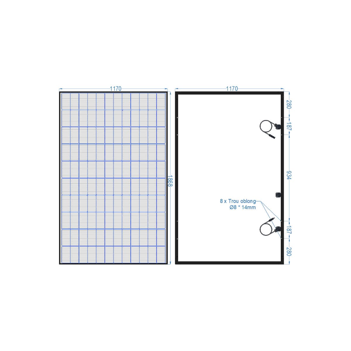 Plan coté du panneau Voltec TARKA 120 VSMP : 1 170 mm sur 1 868 mm, vue avant et vue arrière avec les huit trous oblongs de fixation.