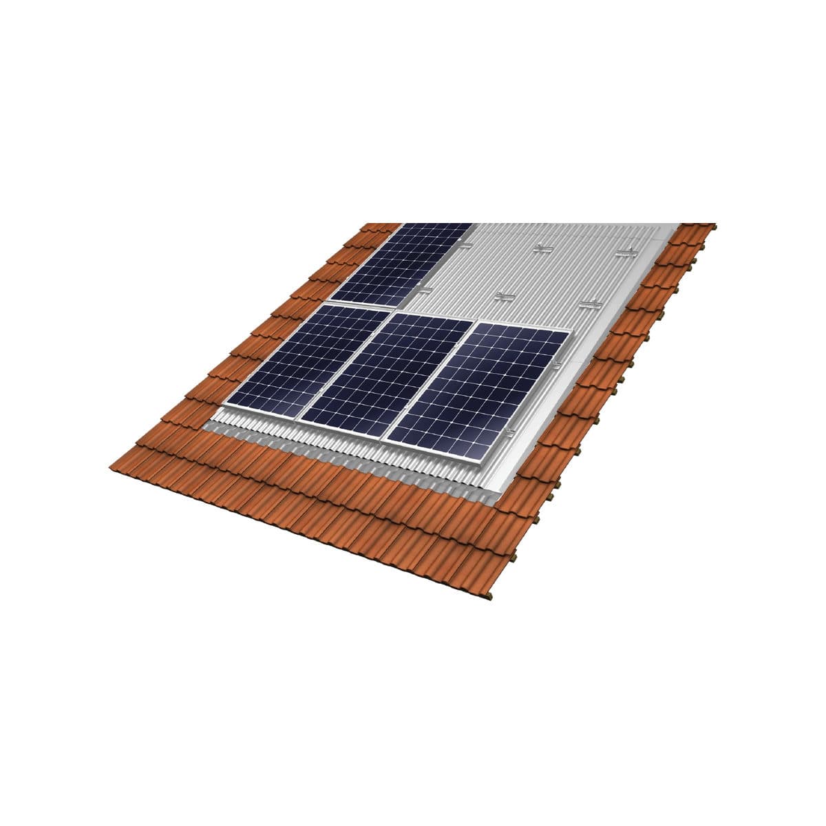 Système BAC ALU en écorché sur une toiture tuile : bac aluminium encastré dans la couverture et modules photovoltaïques posés dedans.