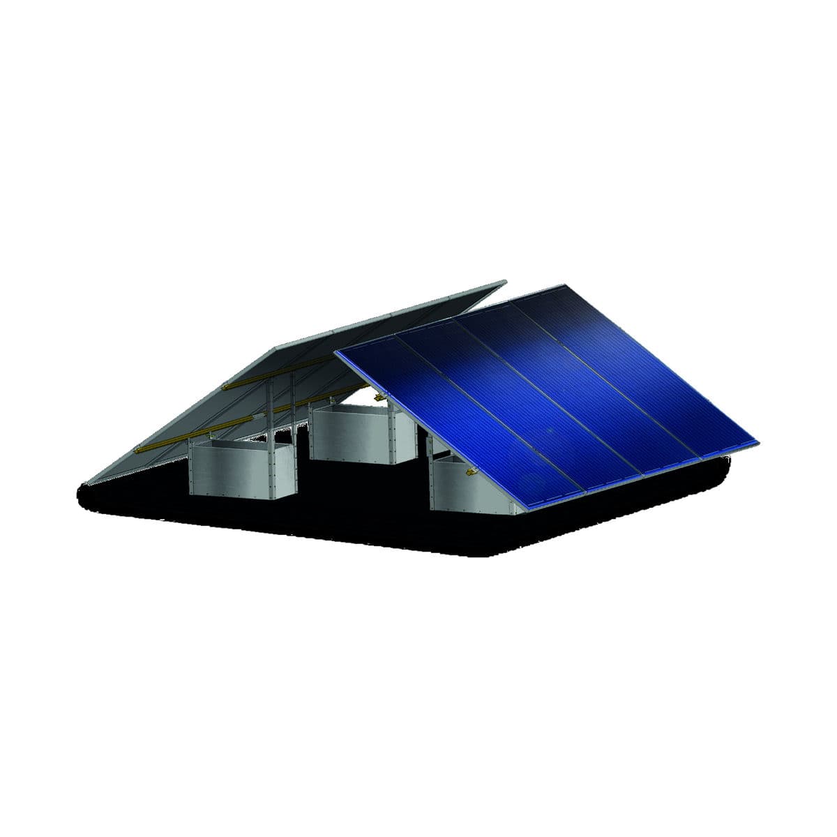 Rendu du GSE Ground System : table de modules bleus inclinée, portée par sa structure de lestage posée au sol.