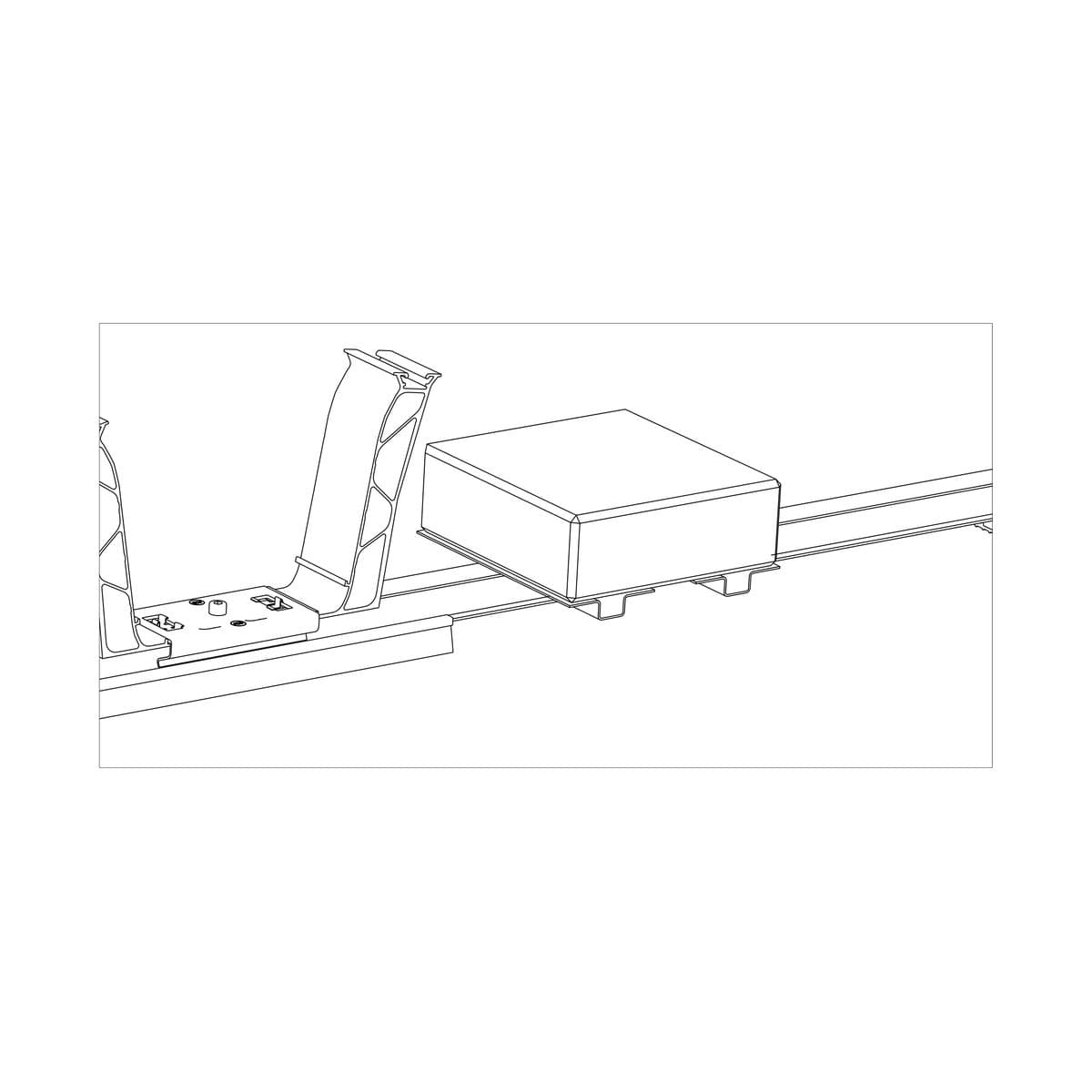 Dessin du K2 Dome 6 : bac de lestage posé sur les rails, à côté du support incliné qui reçoit le module.