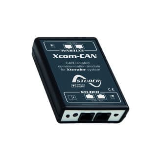 Module de communication Studer Xcom-CAN vu de trois quarts : boîtier noir sérigraphié « Xcom-CAN, CAN isolated communication module for Xtender system », avec ses deux prises en façade.
