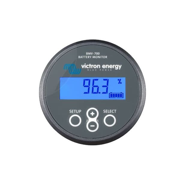 Contrôleur de batterie Victron BMV-700 : cadran rond noir, écran LCD rétroéclairé affichant un pourcentage de charge et une icône de batterie, sérigraphié « BMV-700 Battery Monitor », boutons Setup / + / − / Select en façade.