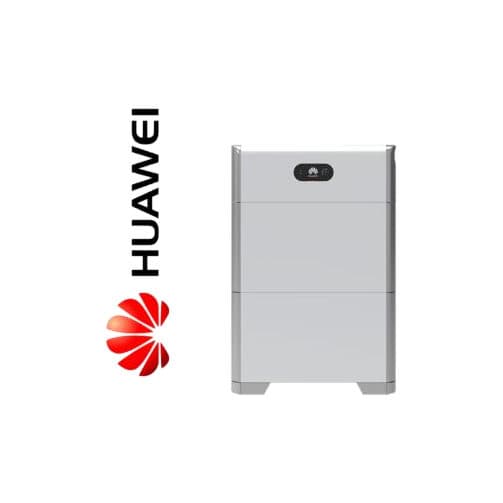 Batterie Huawei LUNA2000 vue de face : tour grise à trois modules empilés, logo HUAWEI en toutes lettres et logomark rouge accolés au produit.